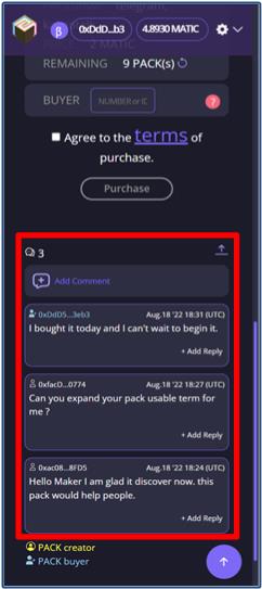 DFMeco's tweet photo. Add Comment Function

Pack sellers, pack buyers, and potential buyers can be distinguished and leave questions and answers. https://t.co/jCw6AI1x56