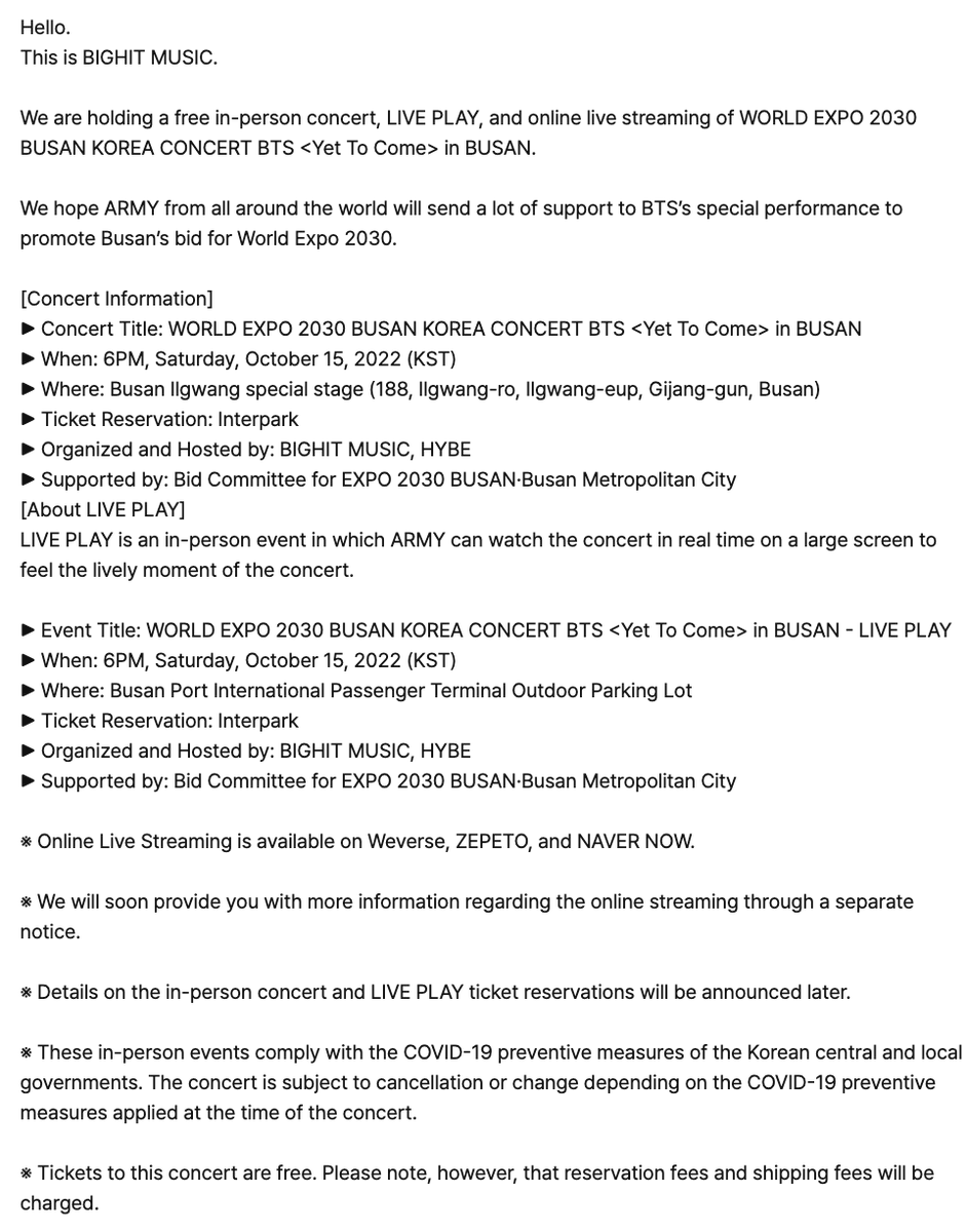 UGH_BR's tweet photo. [#INFO]: WORLD EXPO 2030 BUSAN KOREA CONCERT BTS <Yet To Come> em BUSAN &amp; LIVE PLAY:

🗓 15/10 (SÁB)
⏰ 6PM KST (6AM🇧🇷) 

🔗 (https://t.co/ziZERZJFq4)

#방탄소년단 #BTSARMY @BTS_twt 

 https://t.co/xDiJGLOFXn