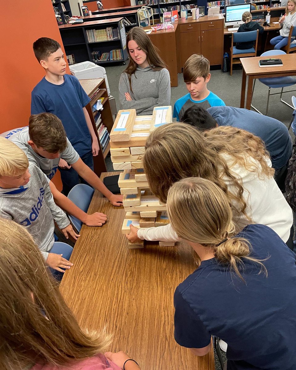 Mrs_RBerns's tweet photo. 7th &amp; 8th graders got reacquainted with the library through a fun, large Jenga game! The teamwork, competitiveness, strategizing, perseverance, and excitement was fun to witness. 
#longhornlibrary #abilene5starschools https://t.co/tPs9Chgcyd