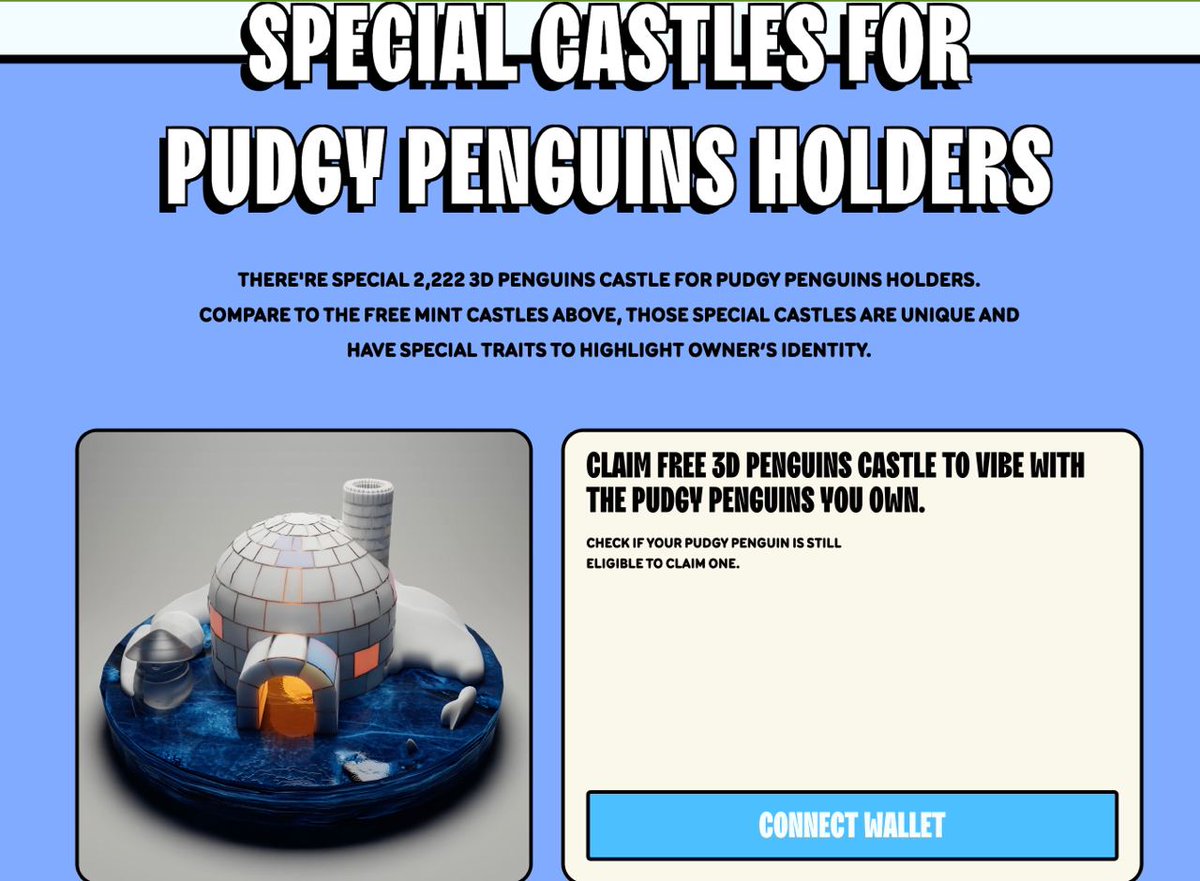 3DPenguins's tweet photo. THERE'RE SPECIAL 2,222 3D PENGUINS CASTLE FOR PUDGY PENGUINS HOLDERS. COMPARE TO THE FREE MINT CASTLES ABOVE, THOSE SPECIAL CASTLES ARE UNIQUE AND HAVE SPECIAL TRAITS TO HIGHLIGHT OWNER’S IDENTITY. https://t.co/f9mJ4elxJr