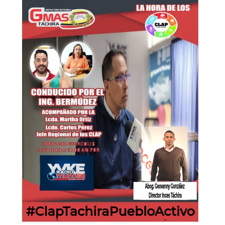 #24agosto #Miércoles de "La Hora de los Clap" a partir de las 8 am encuentranos por la 94.5 FM <a href="/YvkeTachira/">Yvke Tachira</a> para conversar con nuestro invitado el Abog. Geovanny González Director del <a href="/IncesTachira3/">IncesTachira</a> 
¡Los Esperamos!
#ClapTachiraPuebloActivo 
<a href="/carlosperez_ch/">Carlos Alfonso Pérez</a> 
<a href="/mviviana_212/">Martha Viviana Ortiz</a>