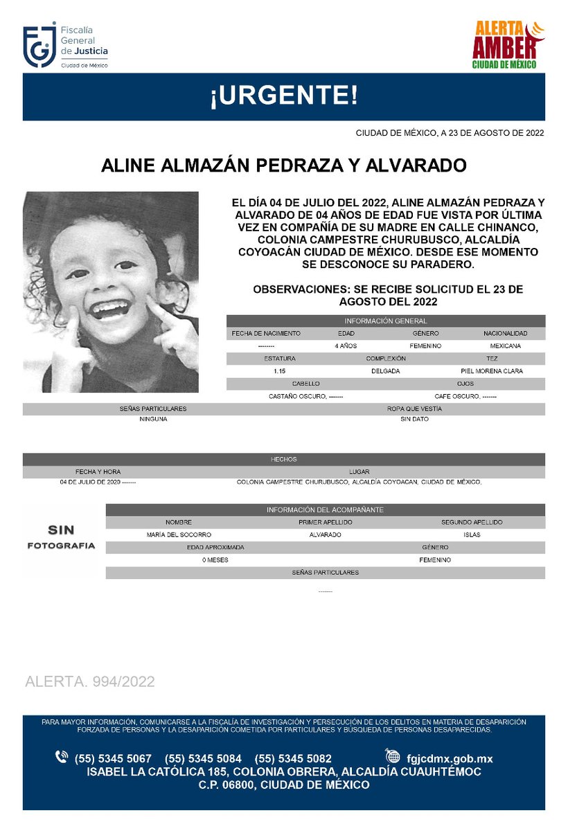 FiscaliaCDMX's tweet photo. Se activa #AlertaAmber para localizar a una menor de 04 años de edad, de nombre Aline Almazán Pedraza y Alvarado, quien fue vista por última vez el día 04 de julio de 2022, en la colonia Campestre Churubusco, alcaldía Coyoacán https://t.co/4I7PdYC6GL