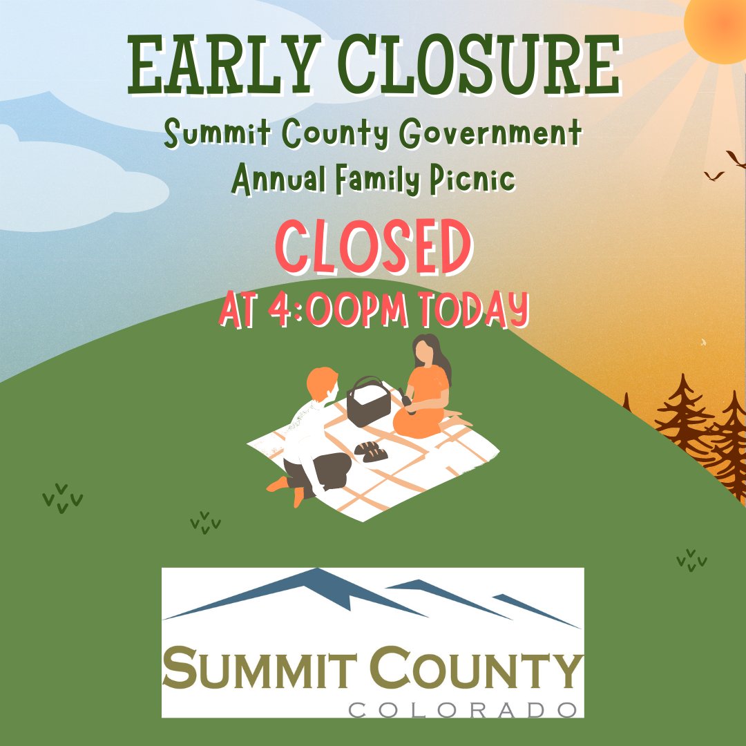 summitclerk's tweet photo. Attn: @SummitCountyGov: we are closing early on Weds., Aug. 24 so employees can enjoy the County Government Family Picnic.  The office is open from 8:00AM-4:00PM to serve you.  Come on in any time before 4 for Recording, Voter Registration or Motor Vehicle services on the 24th! https://t.co/g0m6RdudaJ