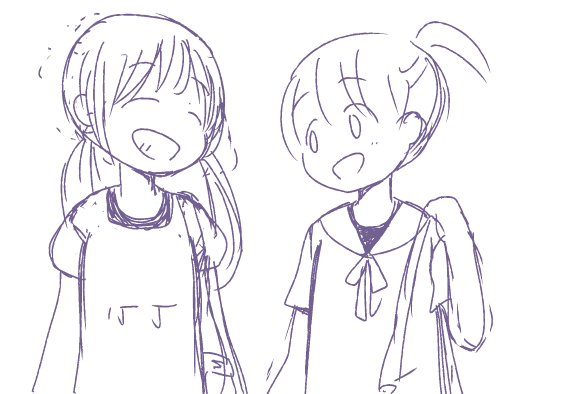 プールに行くので服の下にもう水着着てる子たち。だいぶ前のラフですが、雰囲気いいので出してみる。 
