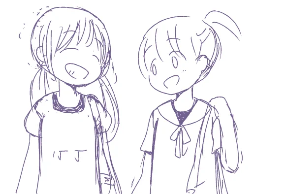 プールに行くので服の下にもう水着着てる子たち。だいぶ前のラフですが、雰囲気いいので出してみる。 