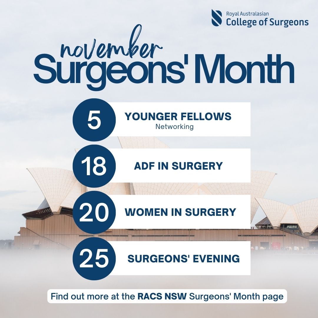 RACSurgeons's tweet photo. Surgeon's month (SM) is an annual RACS NSW initiative to collaborate about surgical education and best practice, and to celebrate exceptional leadership shown throughout the year.

Save the date and join us to celebrate and network with your peers. 

https://t.co/ltiibqSk8Y https://t.co/PjDEHWNZtd