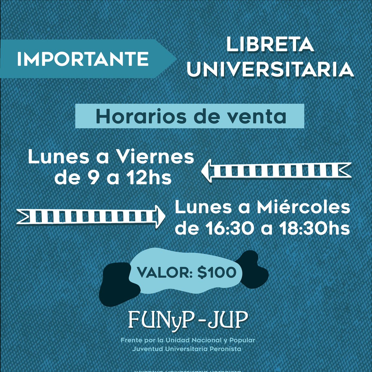 FUNyPUNSE's tweet photo. #IMPORTANTE Venta de libreta universitaria 📘
Te dejamos a mano los horarios de venta de la libreta universitaria para que te llegues a comprar la tuya✌🏼
#FUNYP #UNSE https://t.co/tMFSD1WYVH