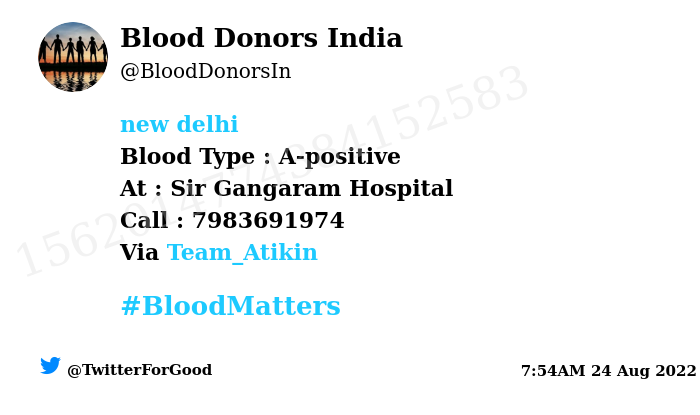 BloodDonorsIn's tweet photo. #SOS
#New delhi
Need #Blood Type :  A-positive
Blood Component : prbc
Number of Units : 6
Primary Number : 7983691974
Patient : arshlata Sharma
Via: @Team_Atikin
#BloodMatters
Powered by Twitter https://t.co/Lr5hMdUV2j