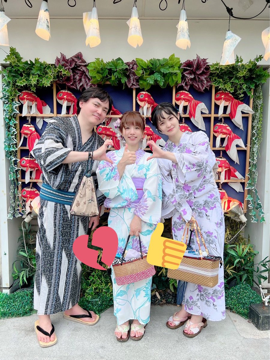 「3人で浴衣着て浅草散策したきょうさんがかわいい着物と帯選んでくれましたありがとう」|かみやのしっぽのイラスト