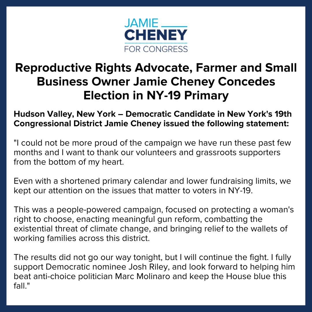 jamiecheney4ny's tweet photo. I am so proud of the campaign we ran and want to thank our volunteers and grassroots supporters from the bottom of my heart.

I fully support Democratic nominee @JoshuaUE99, and look forward to helping him beat anti-choice Marc Molinaro and keep the House blue this fall. https://t.co/4zOpkhiILU