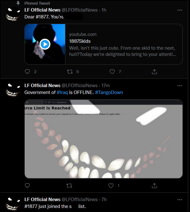 Cyberknow20's tweet photo. #Lulzforce who have been supporting #ukraine have targeted the #iraq government website after they called out #1877team for targeting #ukraine.
#cybersecurity #infosec #RussianUkrainianWar #UkraineRussianWar https://t.co/T4pV89PEf7