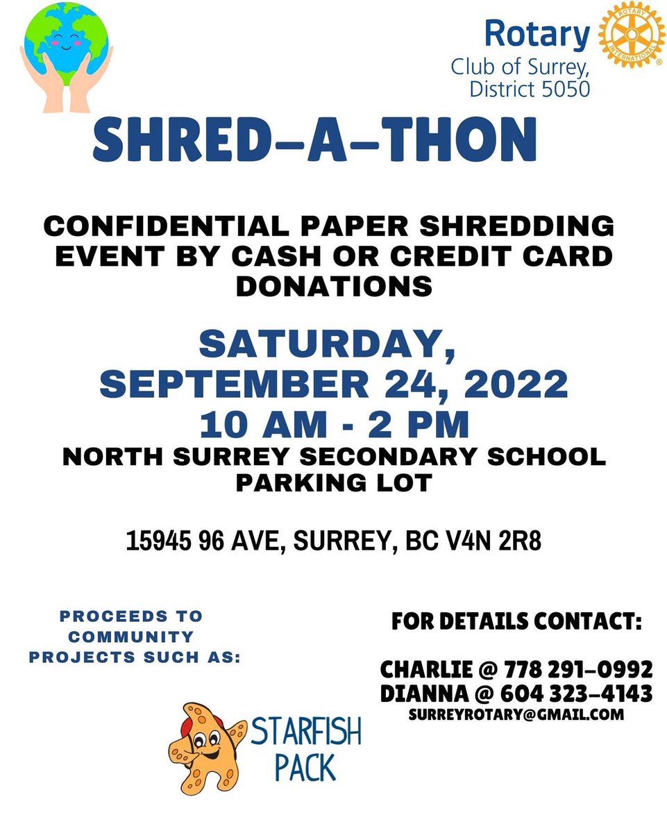 RotarySurrey's tweet photo. Save the Date for Shredding
#rotarysurrey #shredathon #shredding #cityofsurrey #surreybc #rotary #volunteering #paperdisposal #recyclingpaper #serviceaboveself
@SurreyNowLeader @SBofT @dtsurreybia https://t.co/SVlfz5qf4q