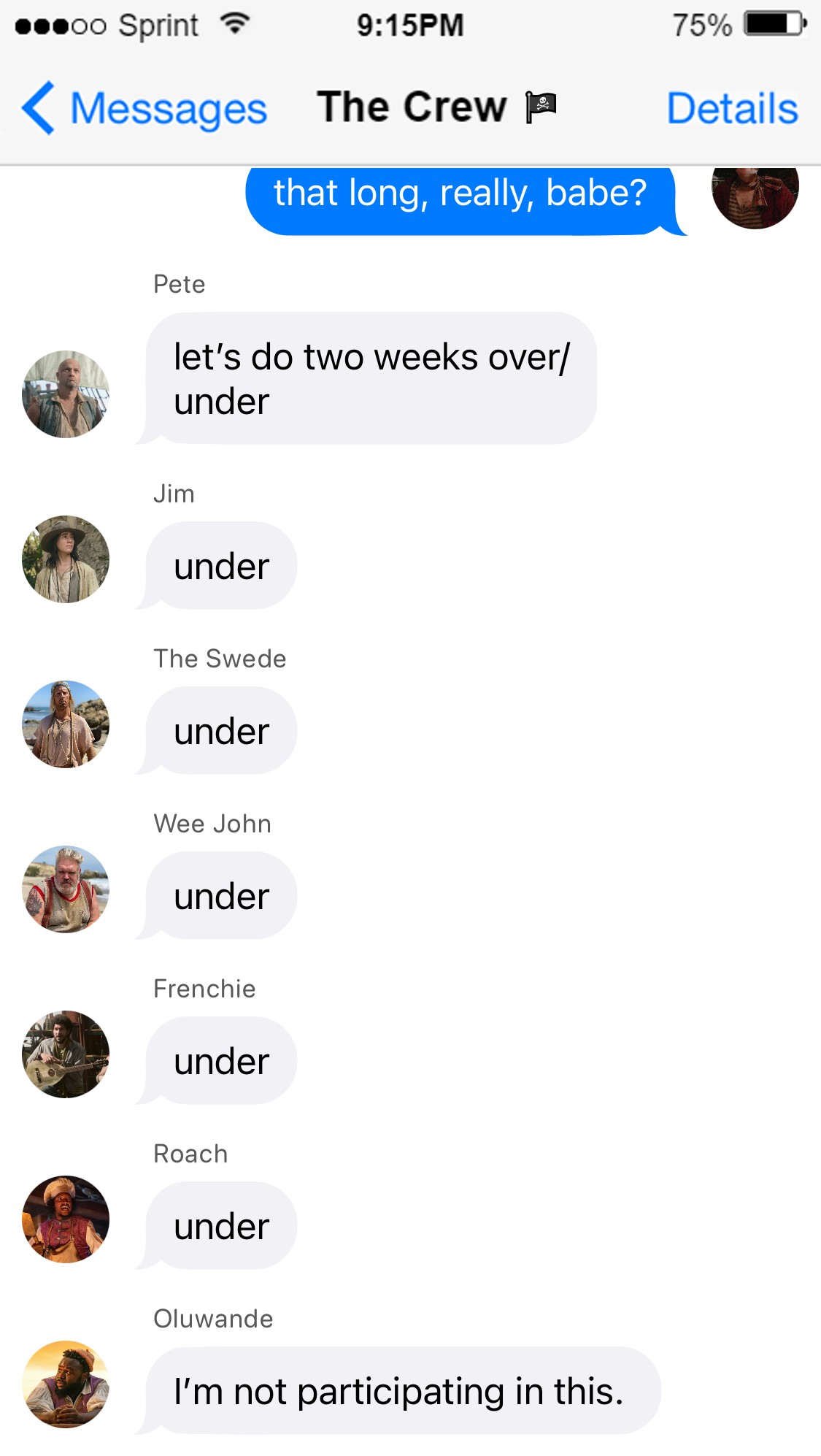 Pete: let’s do two weeks over/under. i’m over  Jim: under  Swede: under  Wee John: under  Frenchie: under  Roach: under  Oluwande: I’m not participating in this.