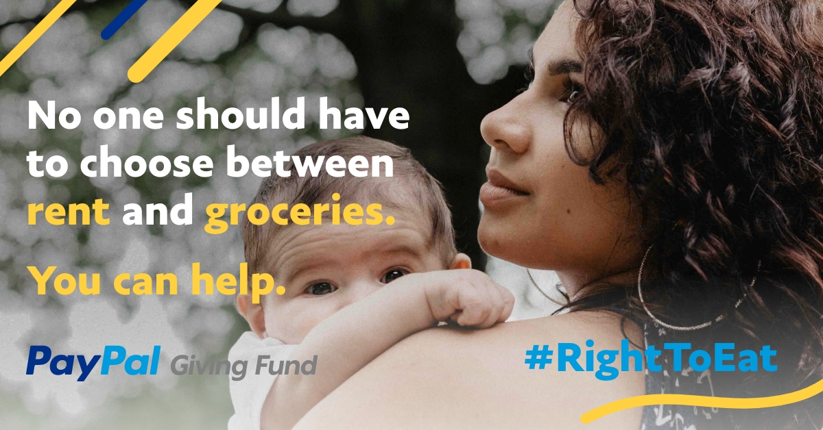 No one should have to choose between baby food &amp; childcare. Everyone has a #RightToEat so PayPal Giving Fund Canada is doubling donations to support 4 food banks fighting #hunger and #foodinsecurity across #Canada. Join me: see terms &amp; give what you can at paypal.com/ca/RightToEat