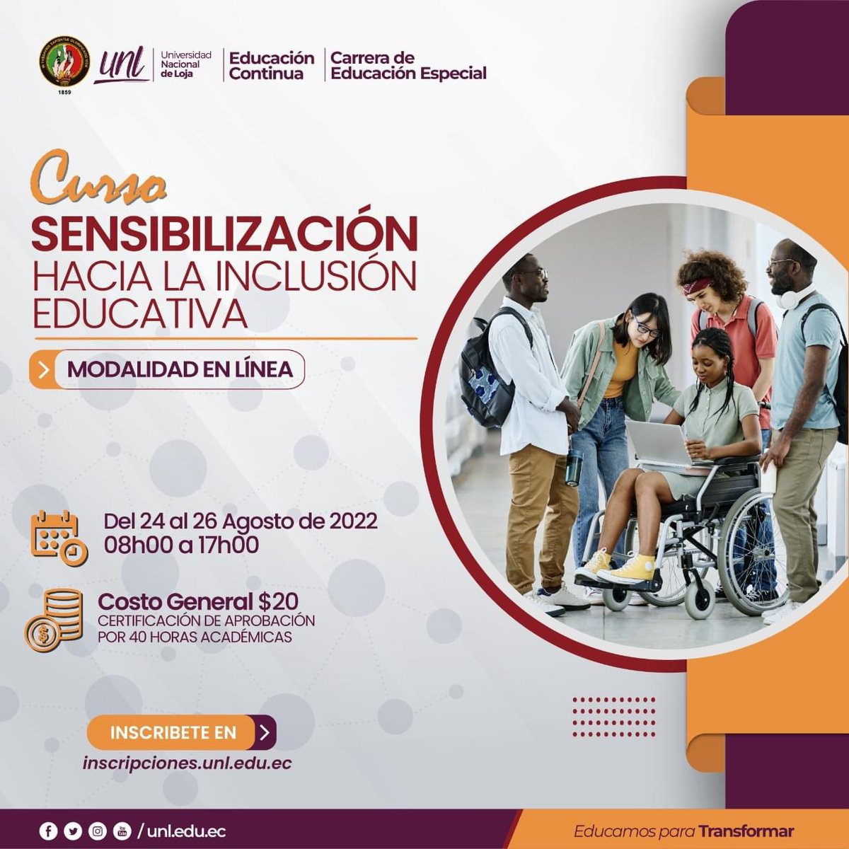 📌¿Quieres conocer acerca de la Sensibilización hacia la Inclusión Educativa?🤓

👉Del 24 al 26 de agosto, a partir de las 17h00 participa de una inclusión educativa.
 
📋 Contarás con una certificación de aprobación por 40 horas académicas.