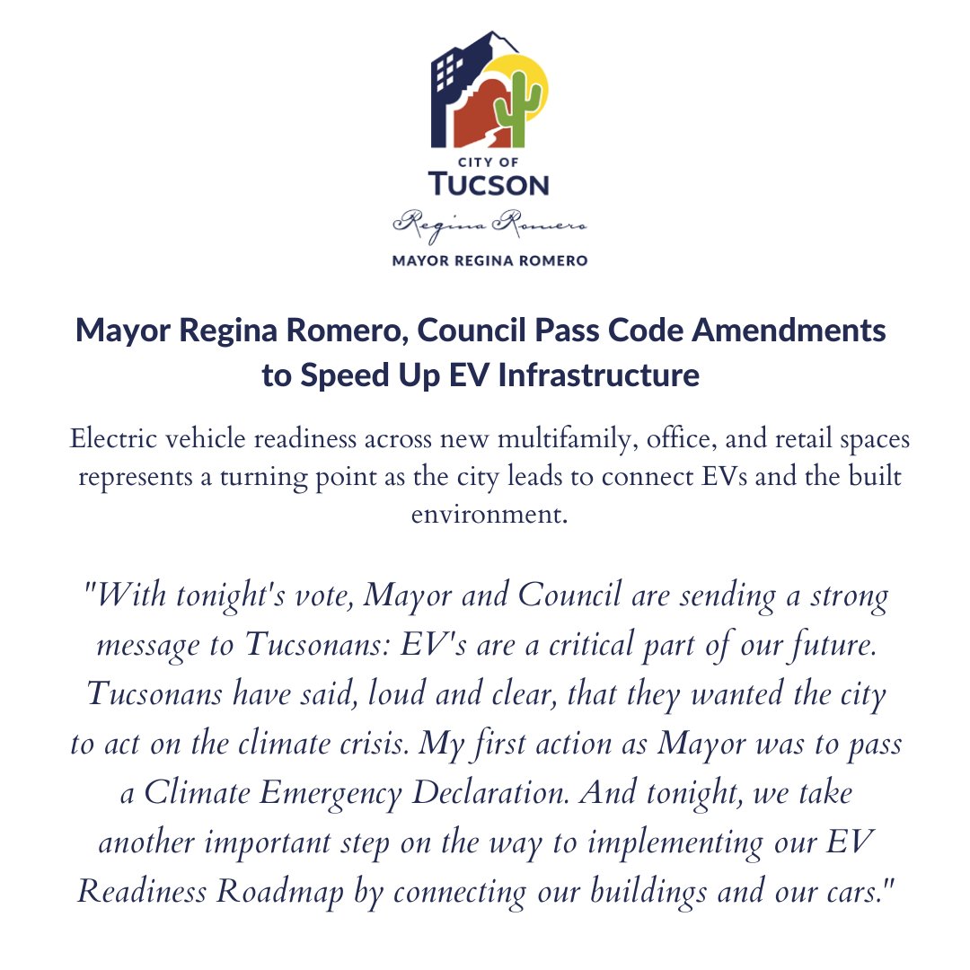 TucsonRomero's tweet image. #Tucsonans have said, loud and clear, that they wanted the city to act on the climate crisis. 

TONIGHT WE DID JUST THAT!

#EV readiness in new multifamily, office, and retail spaces marks a new way forward.