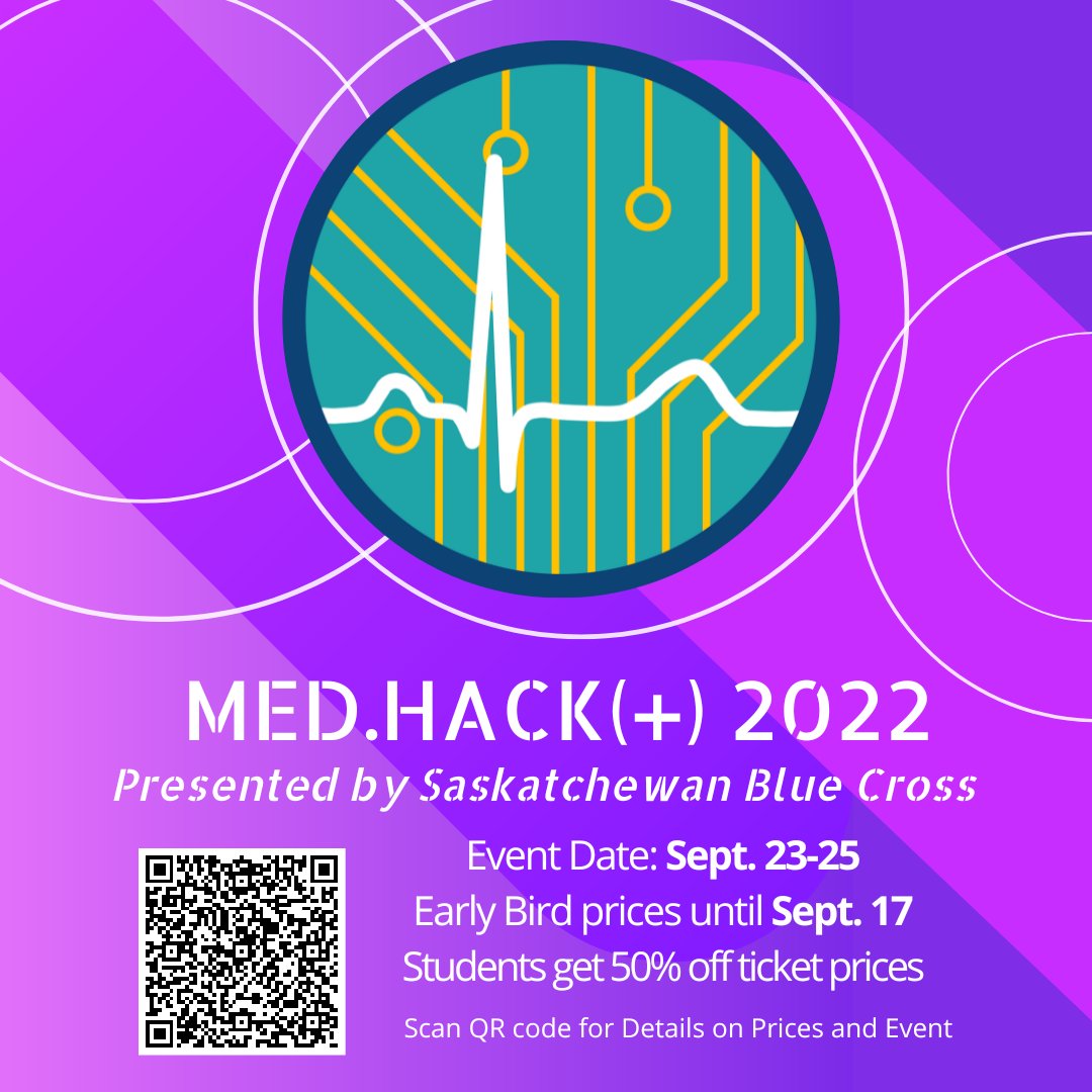 Interested in solving healthcare issues you care about? 
Then come to Med.Hack(+) 2022: Presented by Saskatchewan Blue Cross from Sept. 23-25.
Early bird tickets available now for $20.
Students get 50% off ticket prices.
eventbrite.ca/e/medhack-2022…

Thank you again <a href="/SKBlueCross/">Saskatchewan Blue Cross</a> !