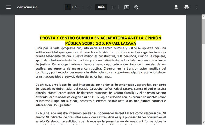 Centro Gumilla  y Provea en aclaratoria ante la opinión pública sobre Gob. Rafael Lacava, comunicado completo

ow.ly/7kag50JFYqy