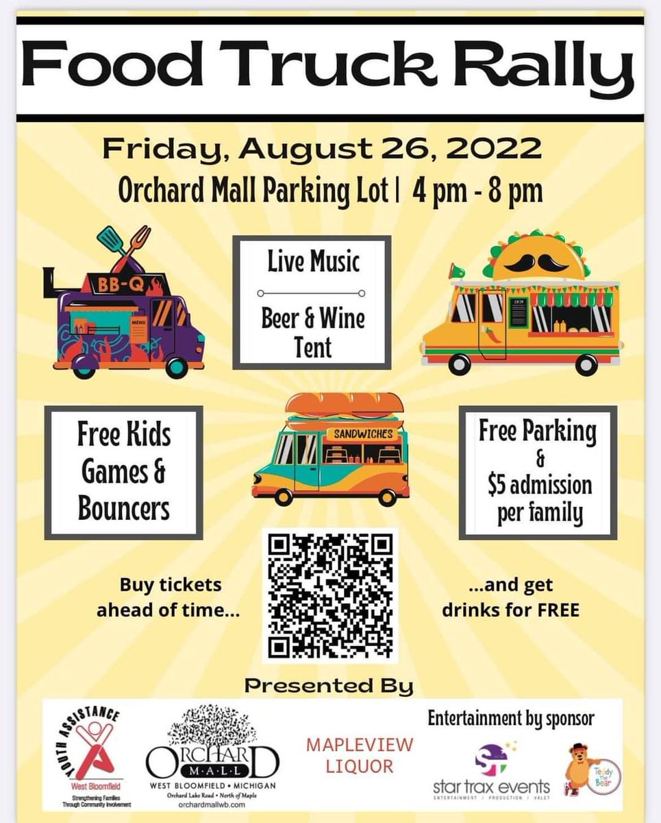 This Friday, 8/26 from 4-8pm Orchard Mall in West Bloomfield.
🚚 16+ Food Trucks
🎨 Face painter 4 to 7pm FREE
🍻🍷 Beer/Wine Tent
🎶 Live music 
🥳 Bounce Houses FREE 
🍽 Seating
👀 Local business vendors 
🎈 Fun for entire family

$5 per family cover charge
