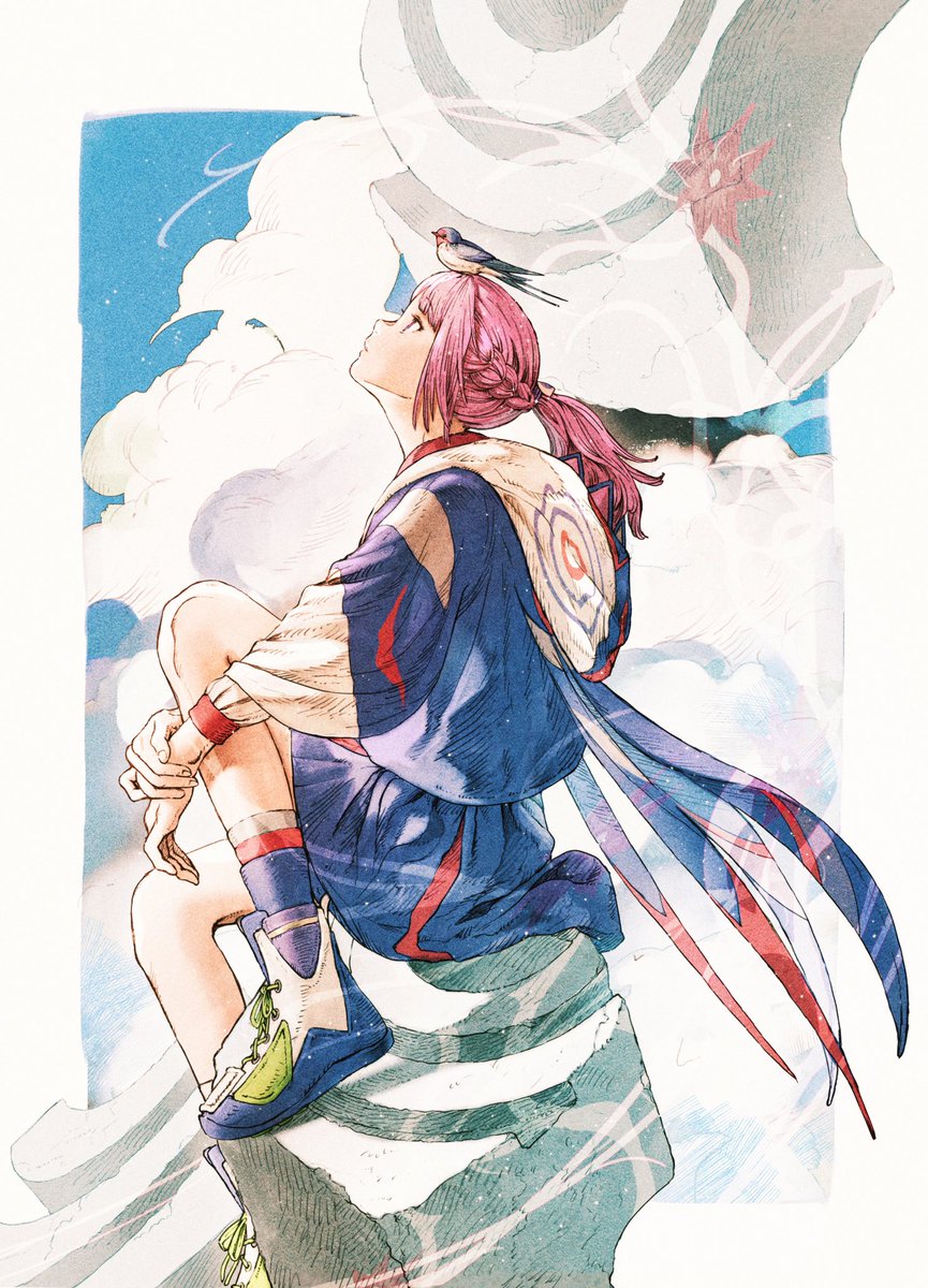 1girl pink hair hood looking up sitting solo blue footwear  illustration images