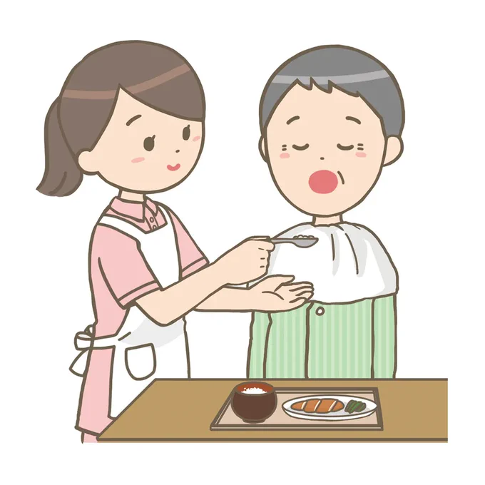 介護施設で働く介護士(ヘルパー)さんが、利用者の方の食事介助をしているイラスト。#フリーイラスト#フリー素材#看護師イラスト集看護師イラスト集介護士(ヘルパー)が食事介助をしているイラスト 
