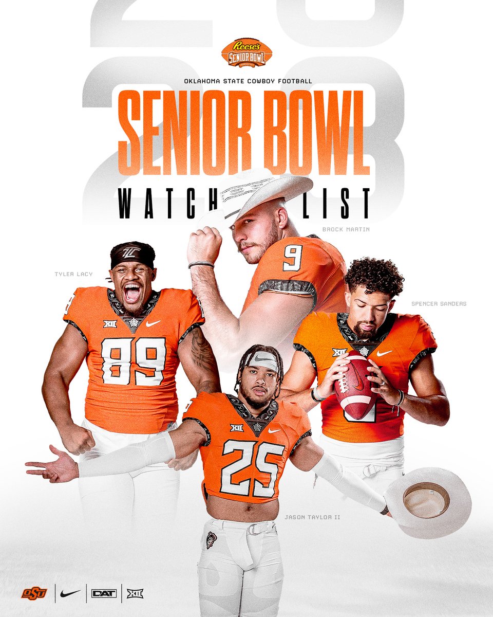 4️⃣ Cowboys have been named to the Reese's <a href="/seniorbowl/">Panini Senior Bowl</a> watch list!

<a href="/tylerlacy85/">Tyler Lacy</a> <a href="/btmartin40/">Brock Martin</a> <a href="/SpenceSanders/">Spencer Sanders</a> <a href="/JCTII_/">Jason Taylor II♻️</a> 

#DAT | #GoPokes