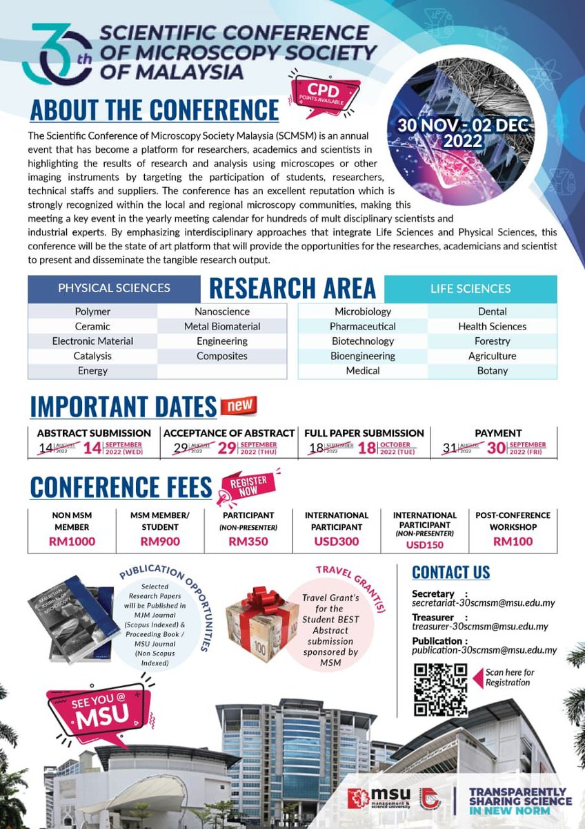 SCMSM30's tweet photo. Submit your abstract today as we have extended the submission date! Don't miss out on joining the 30th Scientific Conference of Microscopy Society of Malaysia (SCMSM) 2022, hosted by MSU.
#MSUMalaysia #MSUFHLS #go2MSU #30SCMSM #SCMSM2022 #conference #microscopy #microsope https://t.co/bWWrv7ktlb
