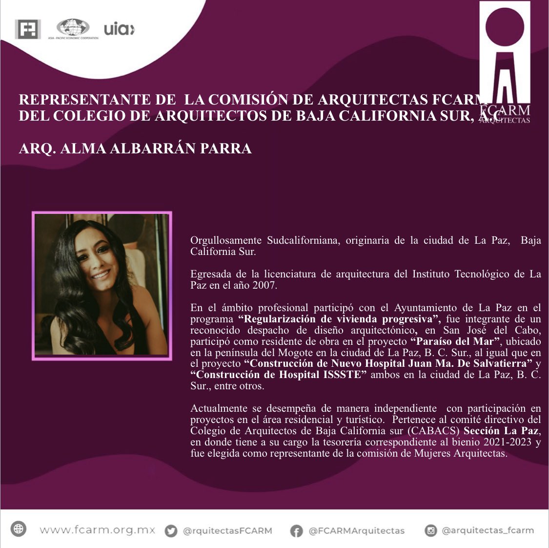 La Comisión Nacional de Arquitectas FCARM y su Coordinadora Arq. <a href="/DenisseArandia/">Denisse Arandia Valencia</a>  felicitan por su nombramiento como representante de la comisión en el Colegio de Arquitectos de Baja California Sur a la Arq. Alma Albarrán Parra. 

#Reconoceryvisibilizar #ArquitectasFCARM