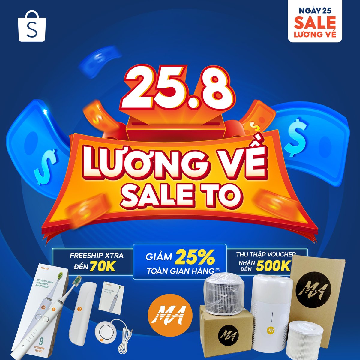 MaxairOfficial's tweet photo. MÁY L��C KHÔNG KHÍ - BÀN CHẢI ĐIỆN CHÍNH HÃNG

❤  Cuối tháng khỏi lo - Lương về Sale to ❤ 
🌟 25.8 kho voucher hoành tráng trên Shopee Mall 

Cơ hội mua máy lọc không khí - bàn chải điện chính hãng với giá Siêu Siêu Hời

#shopee #maylockhongkhi #banchaidien #maxair https://t.co/CCBaaTuBDp