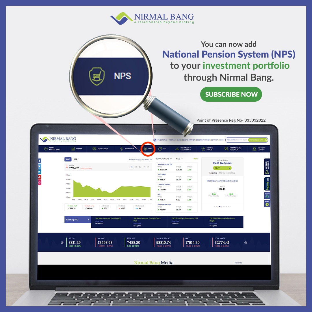 Look no further than #NirmalBang. #Investors can now #subscribe to #NPS for #investments through us. 

#Stockmarket #StockMarketindia #Equity #Nifty50 #Sensex #Retirement #pension #Retirementcorpus #Savings #RegularIncome #retirementpension #marketreturns