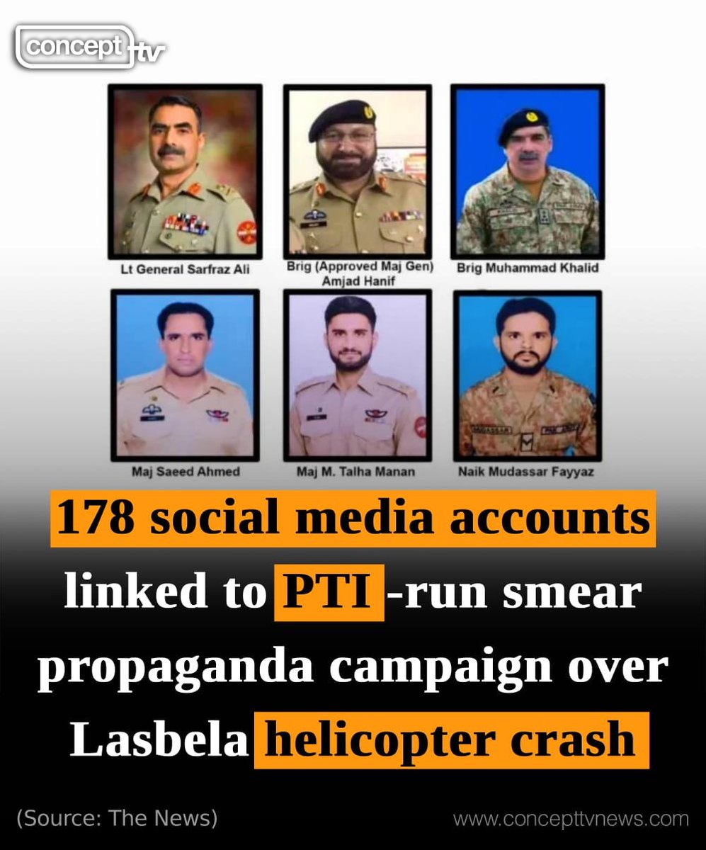 ConceptTVNews's tweet photo. An inquiry on negative propaganda over the #Lasbela #HelicopterCrash discovered 178 accounts linked to the #PTI. Over 2,350 posts were made through 580 accounts, and the campaign also included 18 #Indian accounts. https://t.co/kKgdwglTqZ