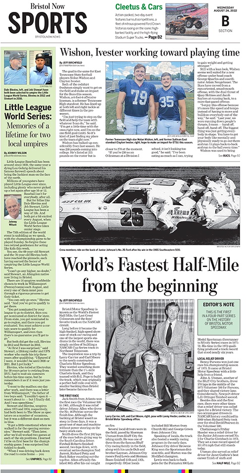 Pulling double duty this week and thought you might like a sneak peek at Wednesday's Bristol Now sports section. Starting a four-part series on Bristol Motor Speedway. https://t.co/efxuidWB5k