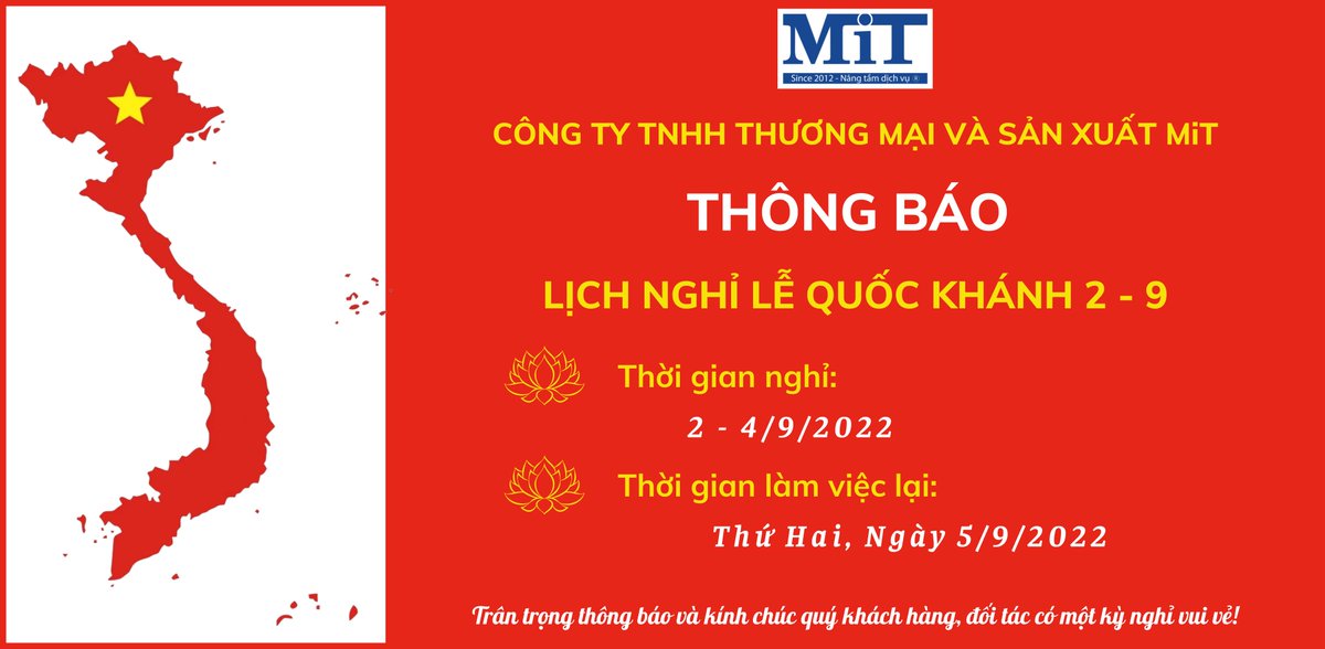 mitgroup_vn's tweet photo. 🎉🎉 MiT TRÂN TRỌNG THÔNG BÁO LỊCH NGHỈ LỄ QUỐC KHÁNH 2 - 9 

👉Thời gian nghỉ lễ : Từ thứ Sáu ngày 2/9/2022 – Chủ Nhật ngày 4/9/2022

👉Thời gian đi làm trở lại : Thứ Hai ngày 5/9/2022

#thongbaonghile #2thang9 #lequockhanh #Tết_độc_lập #mitgroupvn #mitgroup https://t.co/ISJimP7tLU