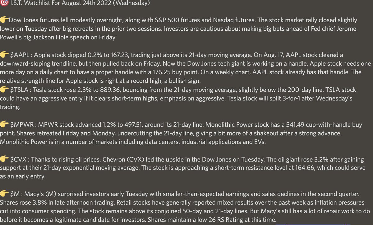 AMadMoneyIST's tweet photo. 🎯 I.S.T. Watchlist For August 24th 2022 (Wednesday) $AAPl $TSLA $MPWR $CVX $M https://t.co/zUUFoti4rv