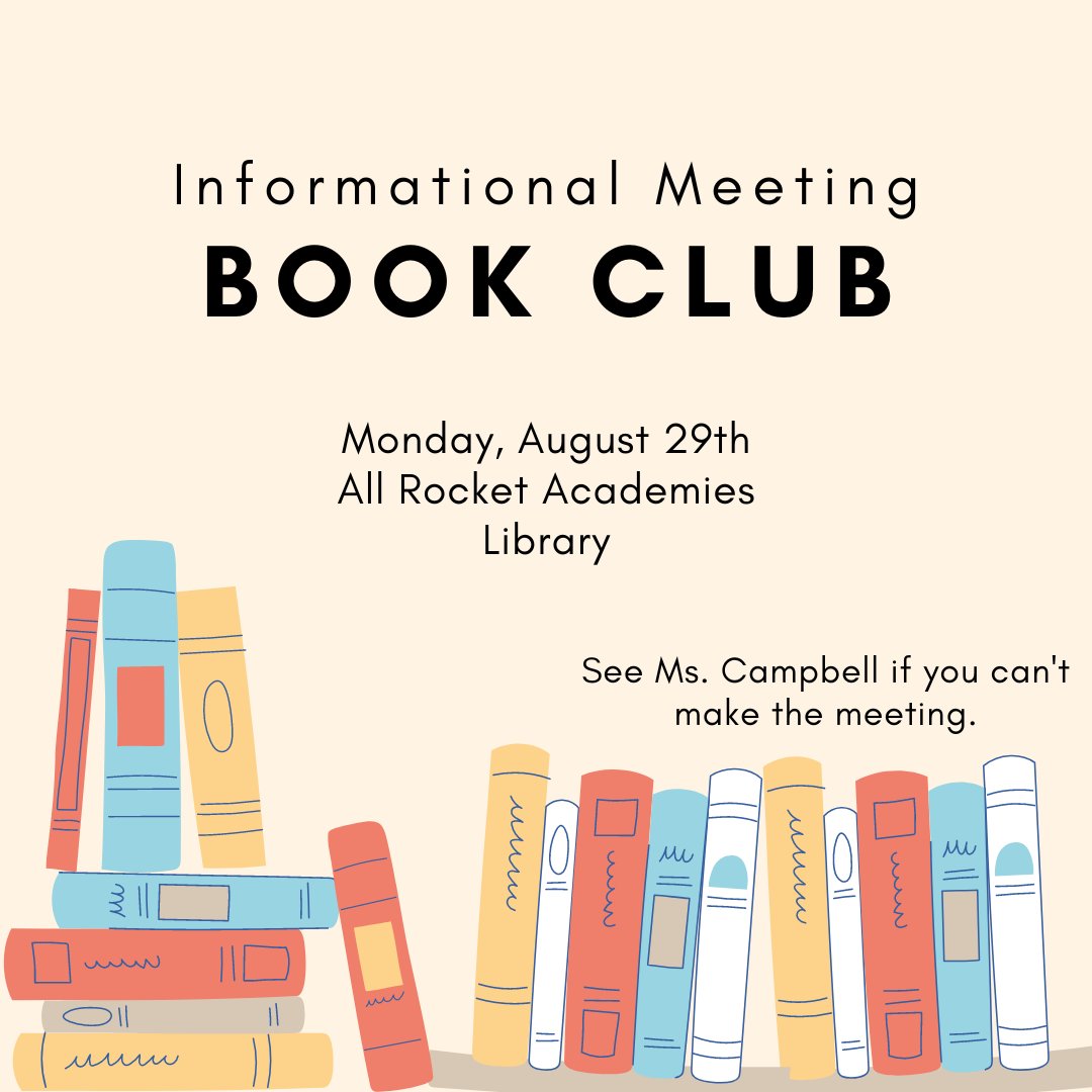 LibraryLchs's tweet photo. Stop by the library today during RA to hear about Book Club. See Ms. Campbell if you have any questions. #RocketsRead #fearthelaunch https://t.co/Q5r8yMQ87f