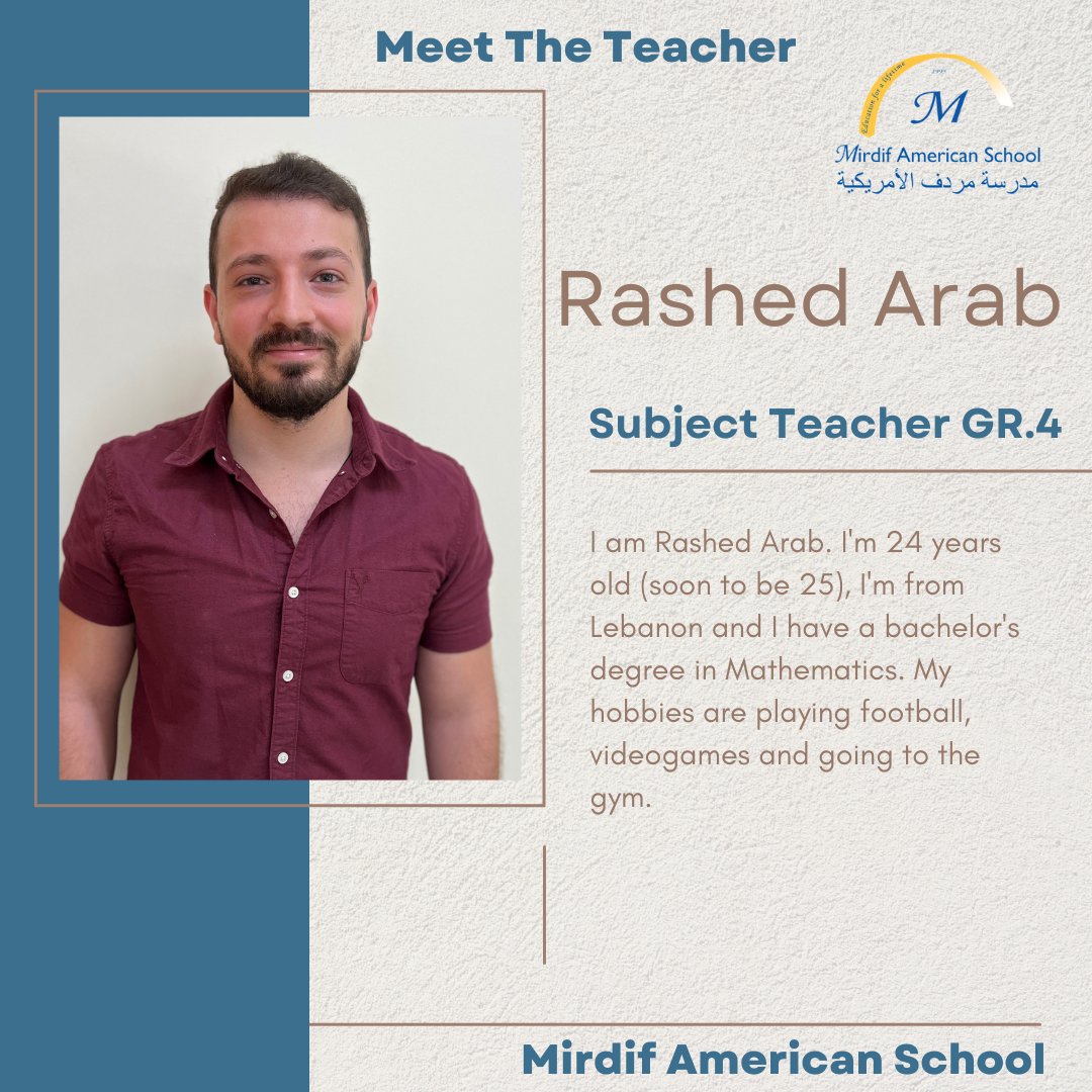 Mirdif1995's tweet photo. Meet Rashed Arab GR4. Subject Teacher of Mirdif American School 

#newteacher #mirdifamericanschool #khdadubai #subjectteacher https://t.co/KLiOzMeGRa