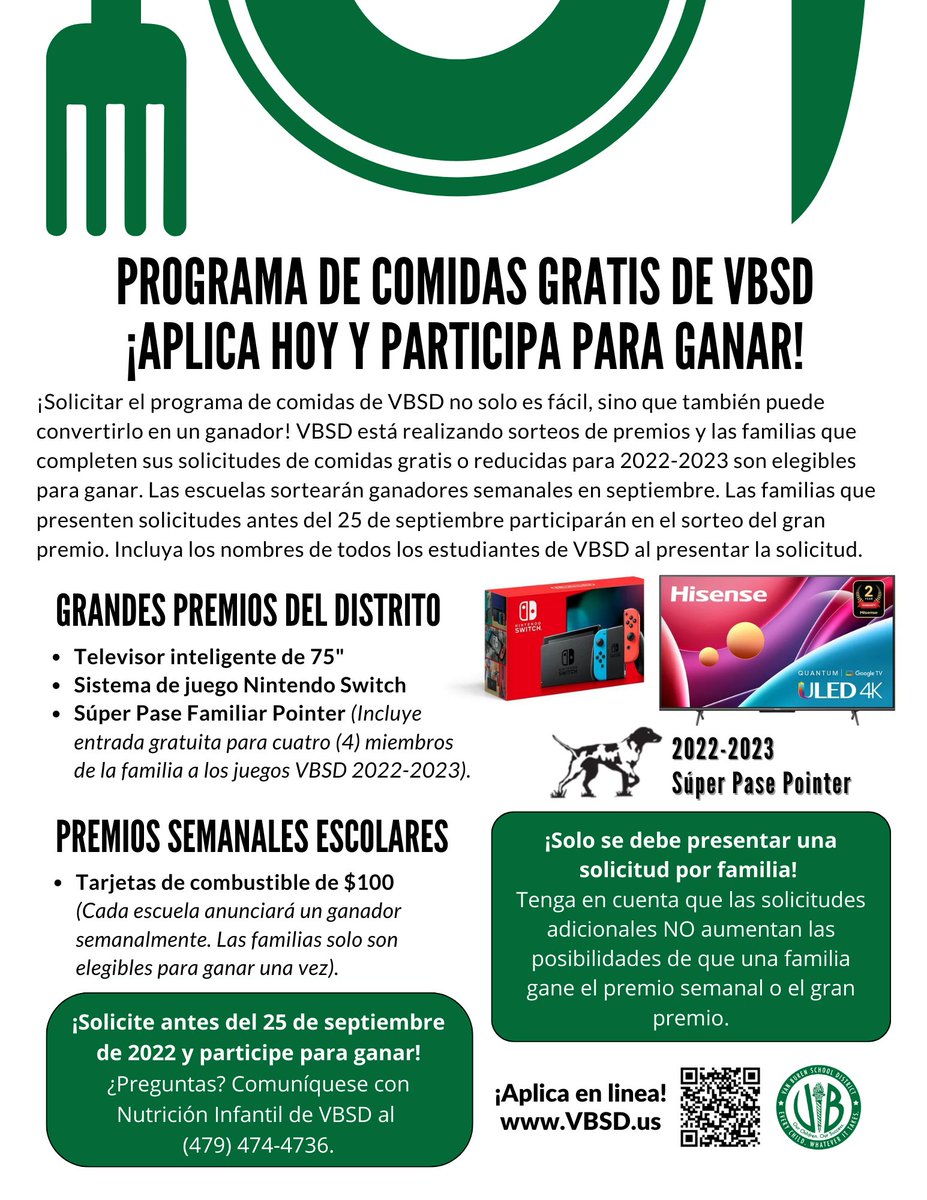 Have you completed your free meals application? Apply today &amp; be entered to win some fantastic prizes! Each school will draw weekly for $100 gas cards. District grand prizes include a 75" TV, a Nintendo Switch, &amp; a Pointer Family Super Pass!

Apply online: bit.ly/3PuJFR0