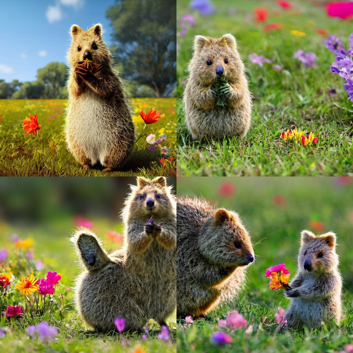 I really like the stable diffusion AI generation. Here a small GM present for my little quokka friend <a href="/indigofficial_/">Indigo</a> The text prompt was: "cute fluffy quokka eating a leaf in the field of flowers" :)