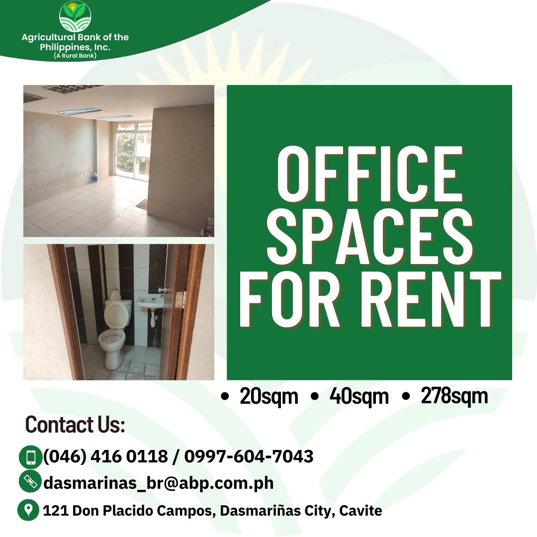 phil_agribank's tweet photo. AVAILABLE OFFICE SPACES FOR RENT!!!

Available Units: 20sqm/40sqm/278sqm

Kindly message us for those who are interested and for more information.

Thank you.

#OfficeforRent
#AgriculturalBankofthePhilippinesInc
#HandangMagserbisyoTuluytuloyAngAsenso https://t.co/z9iuNbHmY0