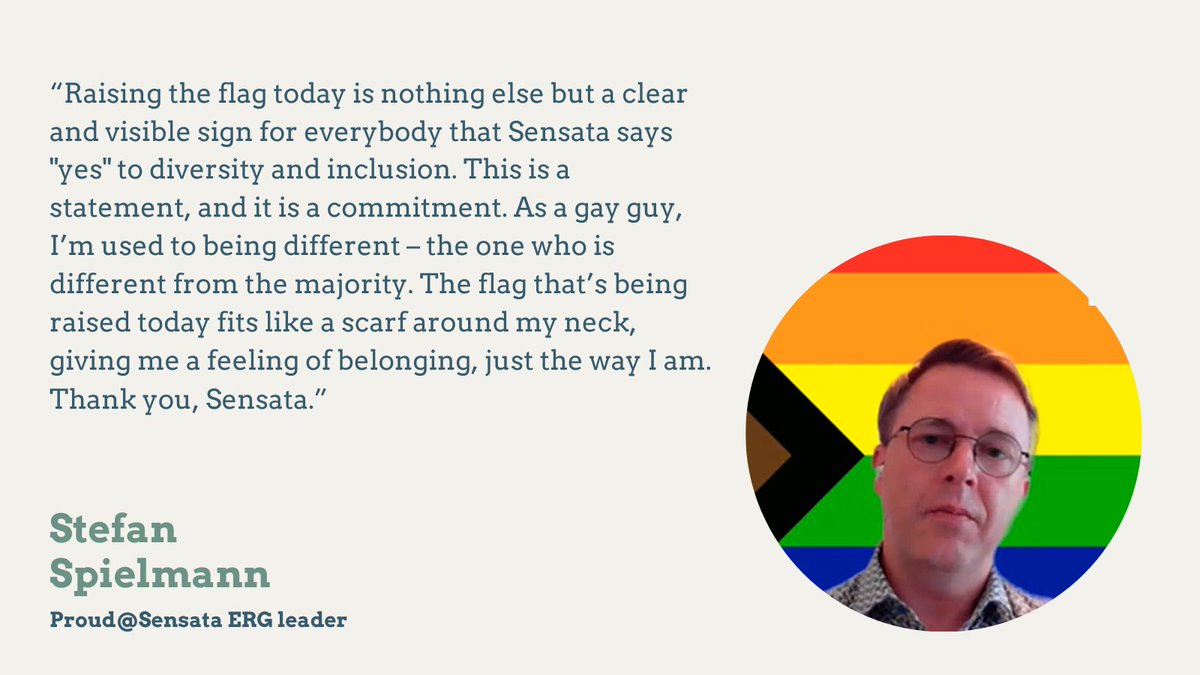 Sensata's tweet photo. We raised the #Pride flag at our Attleboro headquarters! Stefan Spielmann, Proud@Sensata ERG leader, and Lynne Caljouw, the ERG’s Executive Sponsor, spoke about how each of us has the power to bring about change. #OneSensata #SmarterTogether #DiversityEquityInclusion https://t.co/DOUsQZuL8s