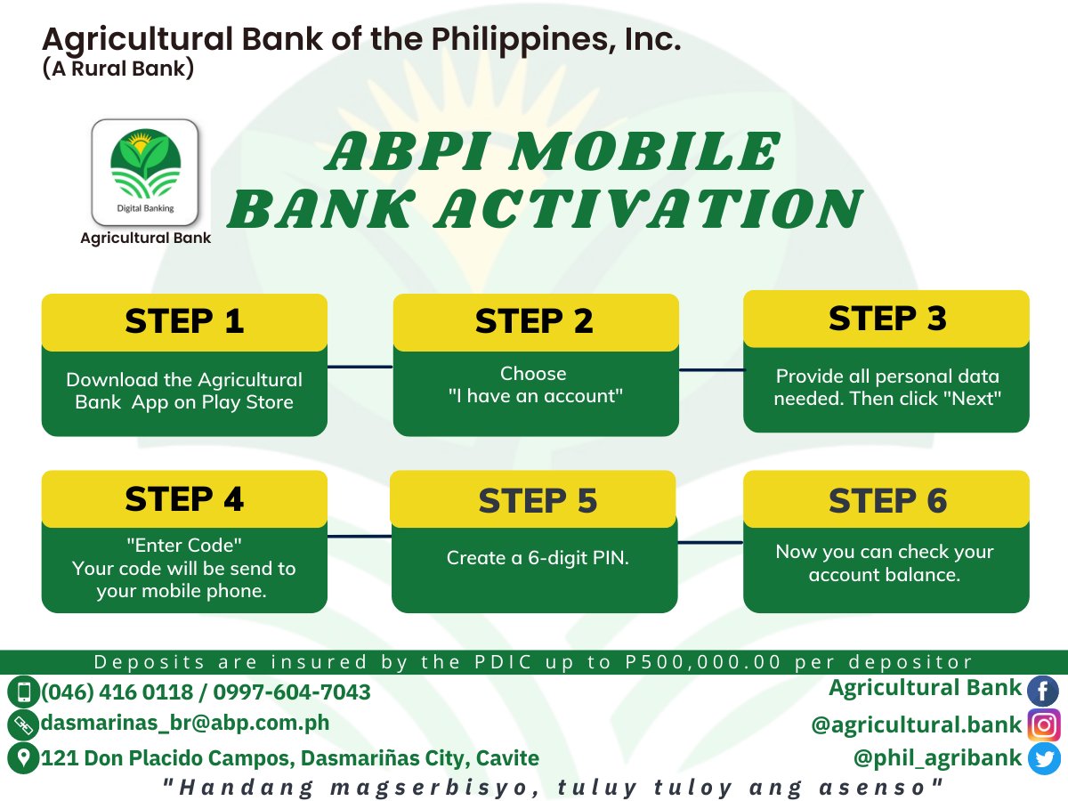 phil_agribank's tweet photo. How to activate your ABPI Mobile Account?
Here are the steps for you!

#AgriculturalBankofthePhilippinesInc 
#HandangMagserbisyoTuluytuloyAngAsenso https://t.co/kcvbYIRciJ