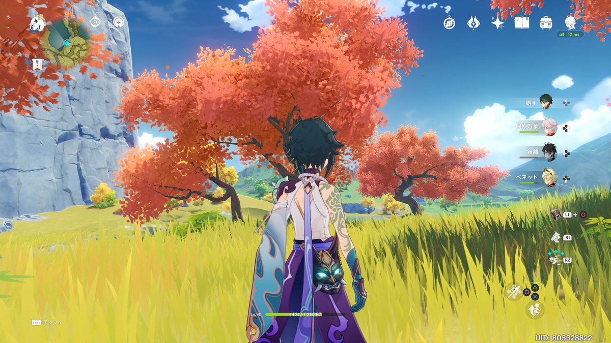xiao (genshin impact) outdoors tree grass 1boy health bar male focus sky  illustration images