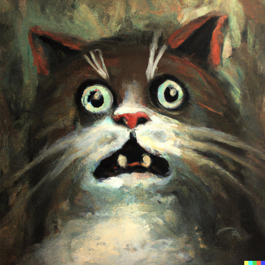 dalletron's tweet photo. A cat expressing shock and awe, oil painting. https://t.co/ox1TspLd05