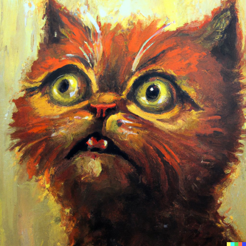 dalletron's tweet photo. A cat expressing shock and awe, oil painting. https://t.co/ox1TspLd05