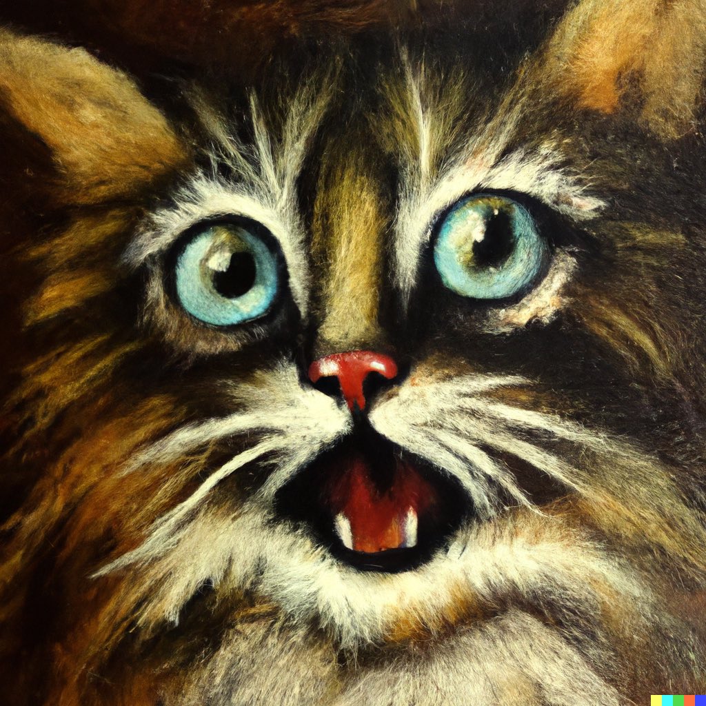 dalletron's tweet photo. A cat expressing shock and awe, oil painting. https://t.co/ox1TspLd05