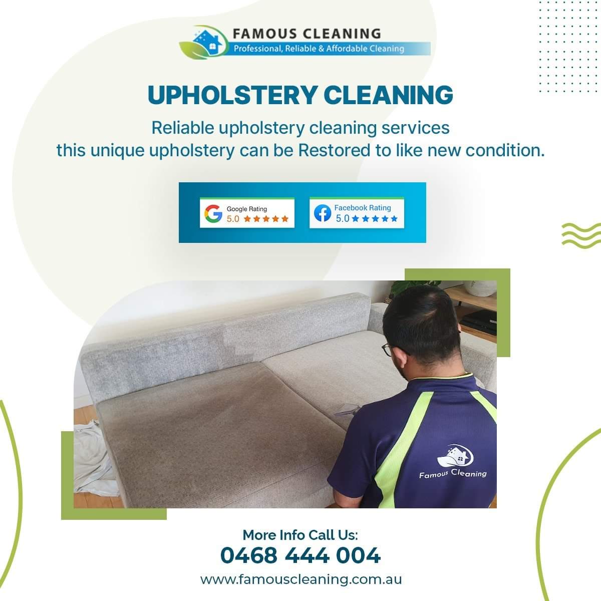famouscleaning1's tweet photo. Revive your furniture with our professional upholstery cleaning service. We clean regular fabrics, leather upholstery, curtains &amp; more.

Get a Free Quote - https://t.co/urDQu4pWnU
Call us: 0468 444 004
.
.
.
#famouscleaning #Sofacleaning #couchCleaning #upholsterycleaning https://t.co/OcYscYJ5VW