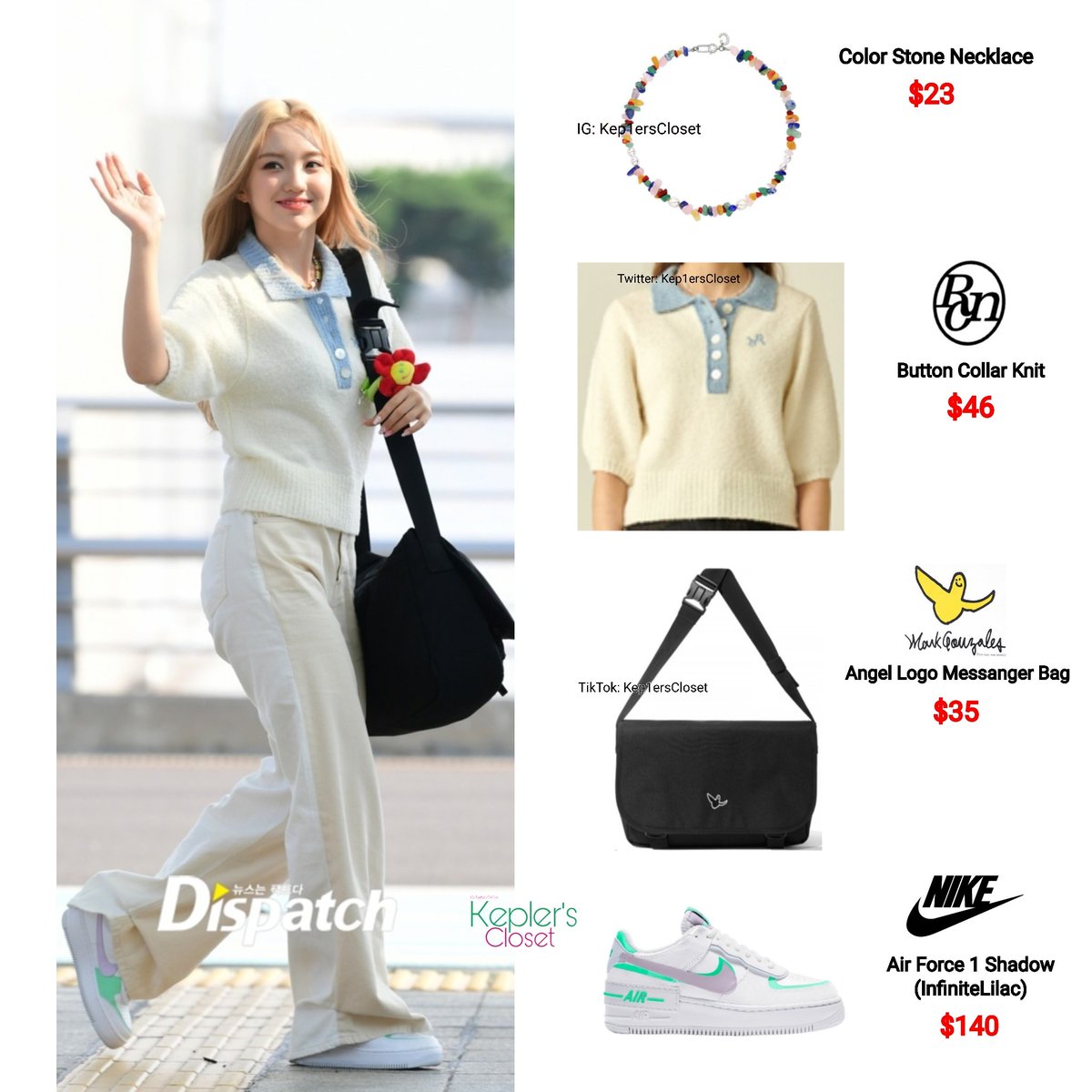 Kep1ersCloset's tweet photo. {ICN ✈ Australia & Yujin Birthday Vlive}
#Yeseo is wearing:
🔹Color Stone Necklace $23
🔹#RonRon Button Collar Shirt $46
🔹#MarkGonzalez Angel Logo Messenger Bag $35
🔹#Nike Air Force 1 Shadow (Infinite Lilac) $140
#Kep1erDeservesBetter
#TreatKep1erFairly
#JusticeForKep1er https://t.co/kpNkdDDB8n