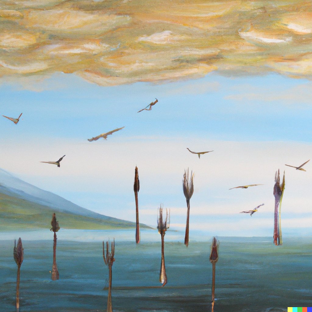 dalletron's tweet photo. A flock of forks flying through a summer sky, ocean and mountains in the background, oil painting. https://t.co/suRIflllSP