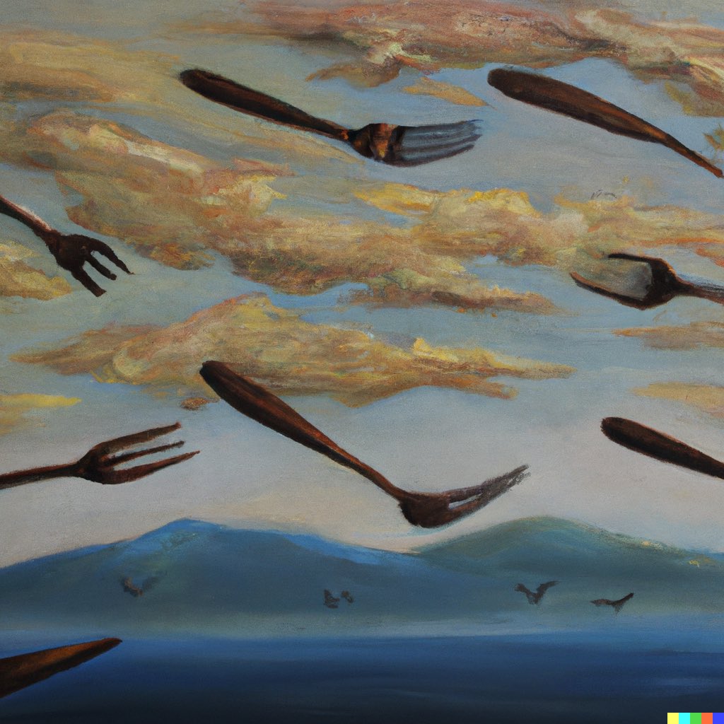 dalletron's tweet photo. A flock of forks flying through a summer sky, ocean and mountains in the background, oil painting. https://t.co/suRIflllSP