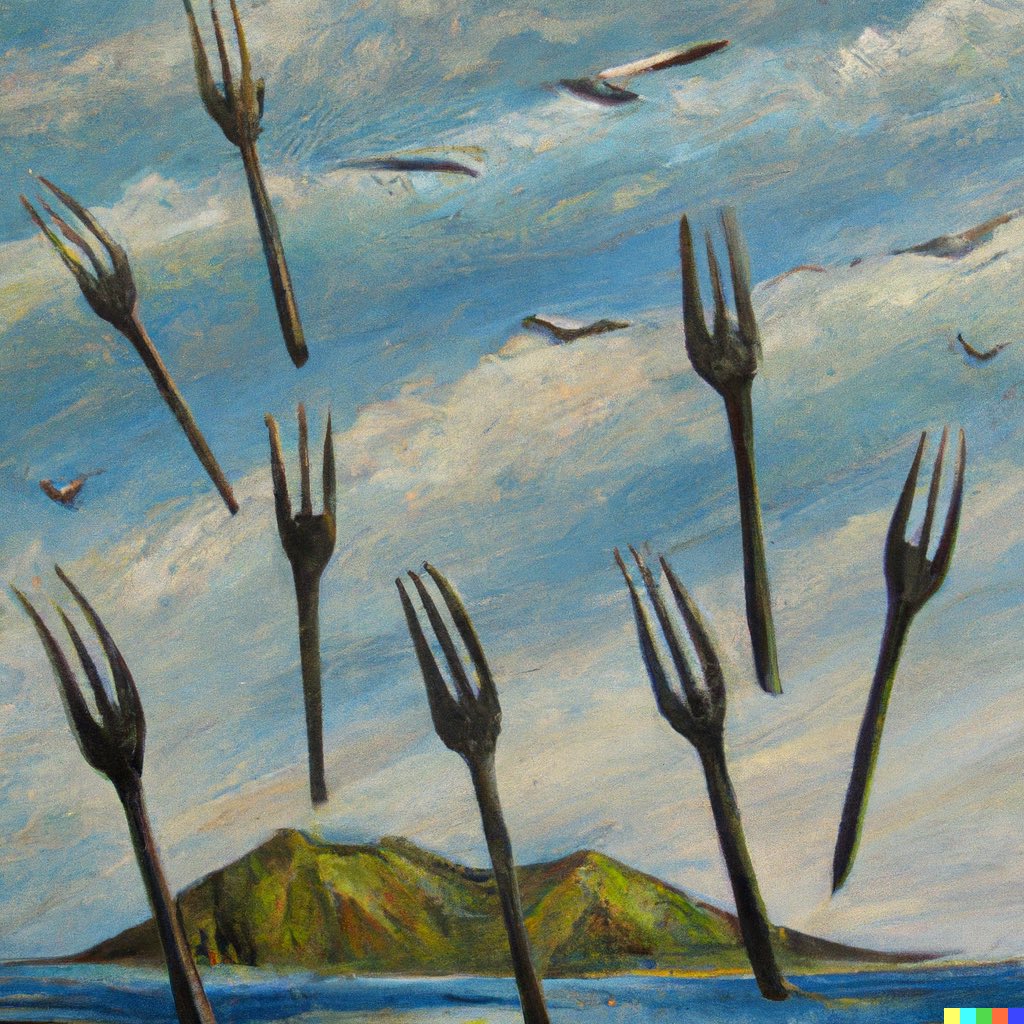 dalletron's tweet photo. A flock of forks flying through a summer sky, ocean and mountains in the background, oil painting. https://t.co/suRIflllSP
